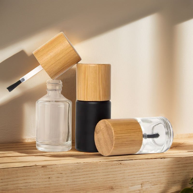 Custom Made Eco-friendly Empty Clear Glass Nail Oil Polish Bottle With Bamboo Wood Lid