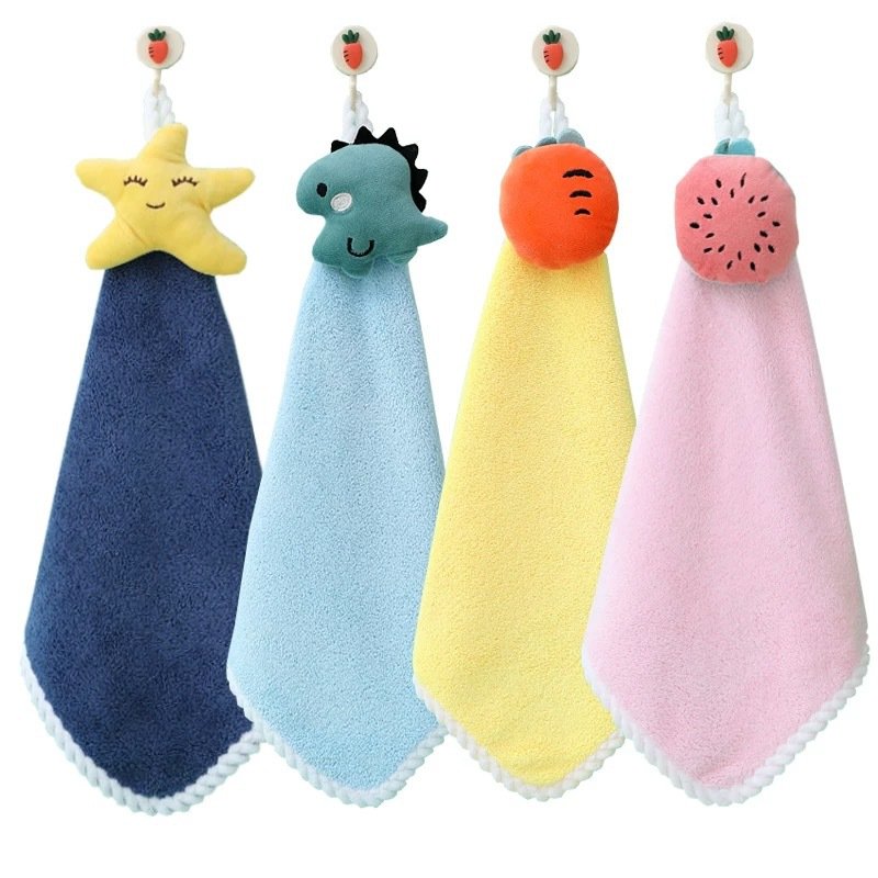 Wholesales microfiber handkerchief absorbent coral fleece hanging hand towel cartoon animal hand towel for Kitchen Bathroom