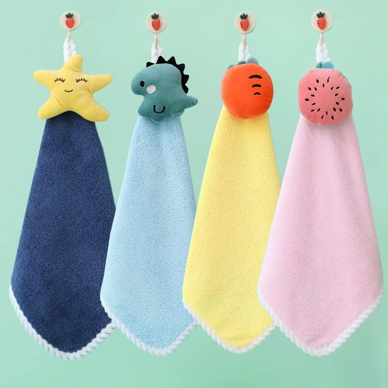 Wholesales microfiber handkerchief absorbent coral fleece hanging hand towel cartoon animal hand towel for Kitchen Bathroom