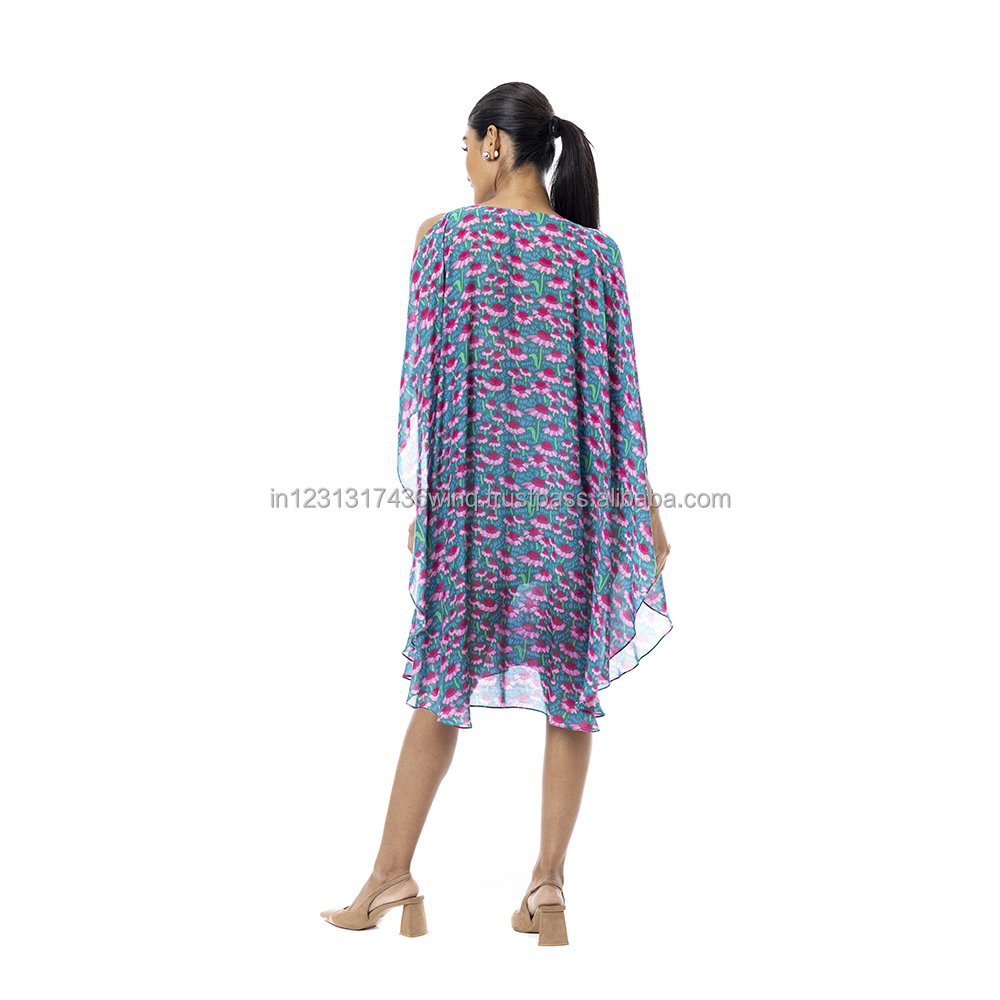 Digital Printed Slit Sleeve Knee Length Silk Cotton Kaftan Dress for Women