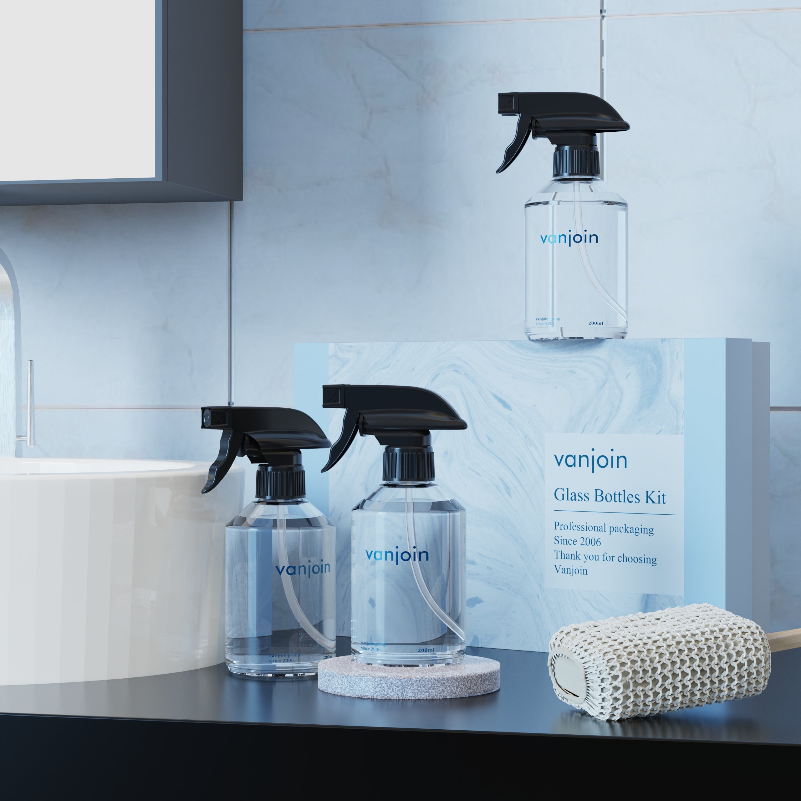 Luxury 200ML Empty Boston Round Clear Room Glass Spray Bottle with Trigger Sprayer and Custom Box for Cleaning