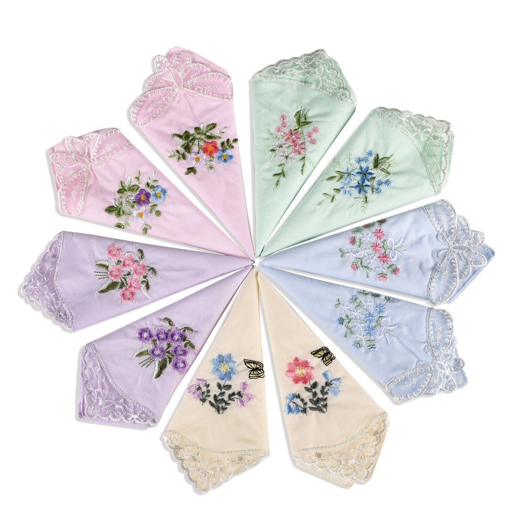 Wholesale Panuelo para mujer Custom Premium Handmade Ladies 100% Cotton Lace Corner Colored Embroidered Handkerchiefs for Women