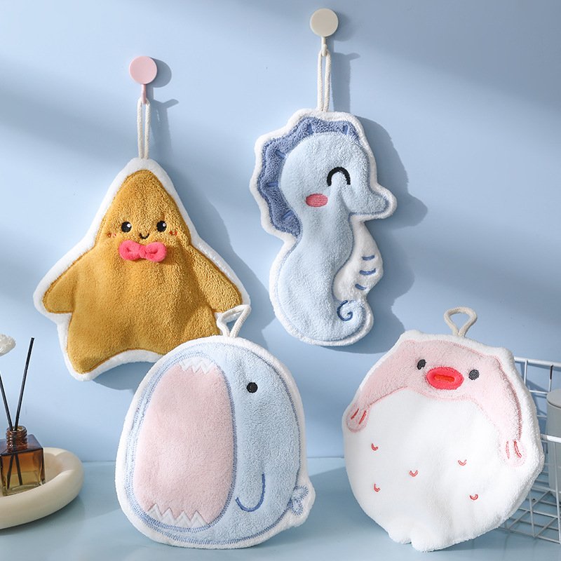 Wholesale Embroidery LOGO Ocean Hanging Style Hand Towel Coral Fleece Absorbent Kitchen Bathroom Dual-use Handkerchief