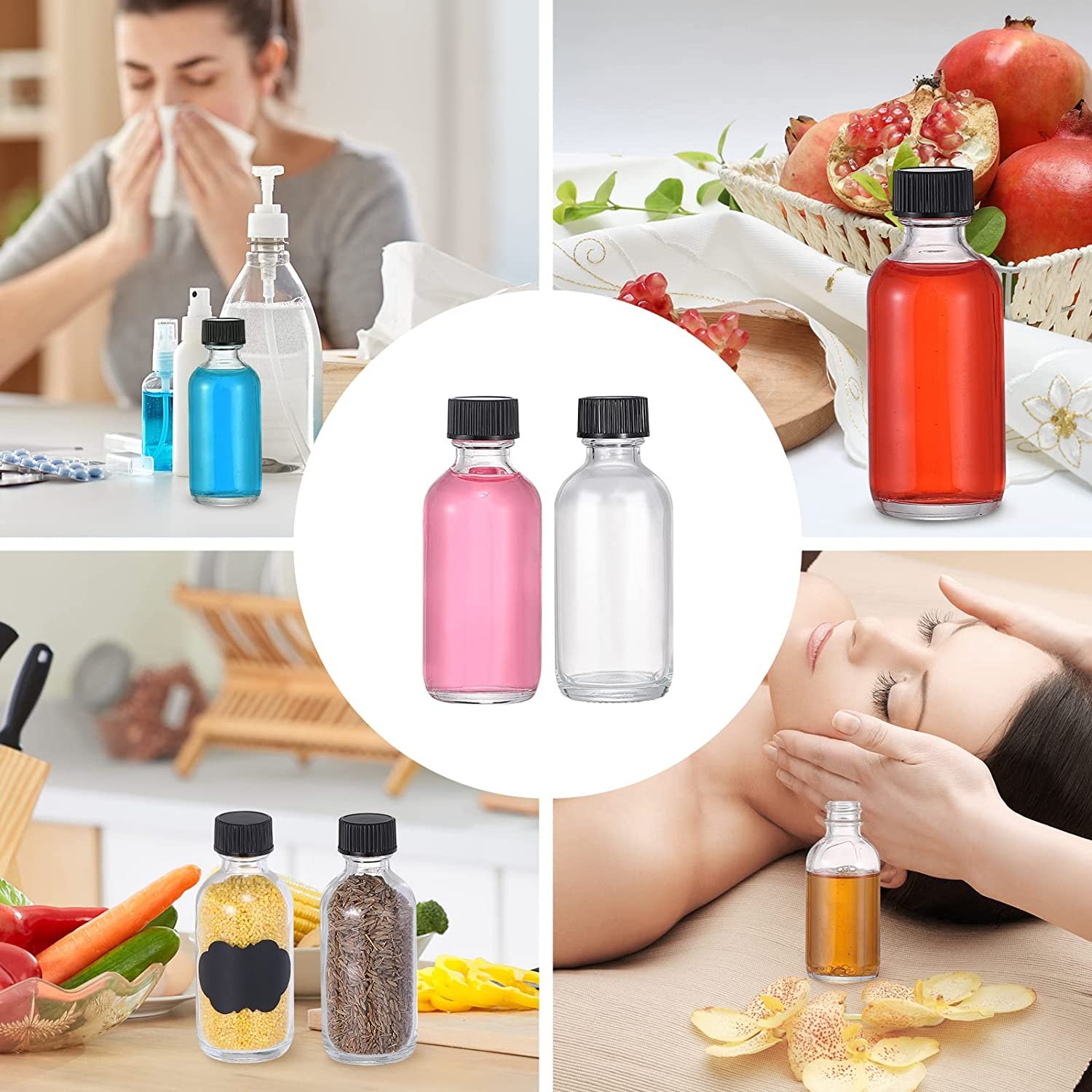 Hot Sale Transparent Boston Round Glass Bottle Beverage 1 oz 2 oz 4 oz 8 oz 16 oz 32 oz Glass Sauces Bottles Glass Bottle Juice
