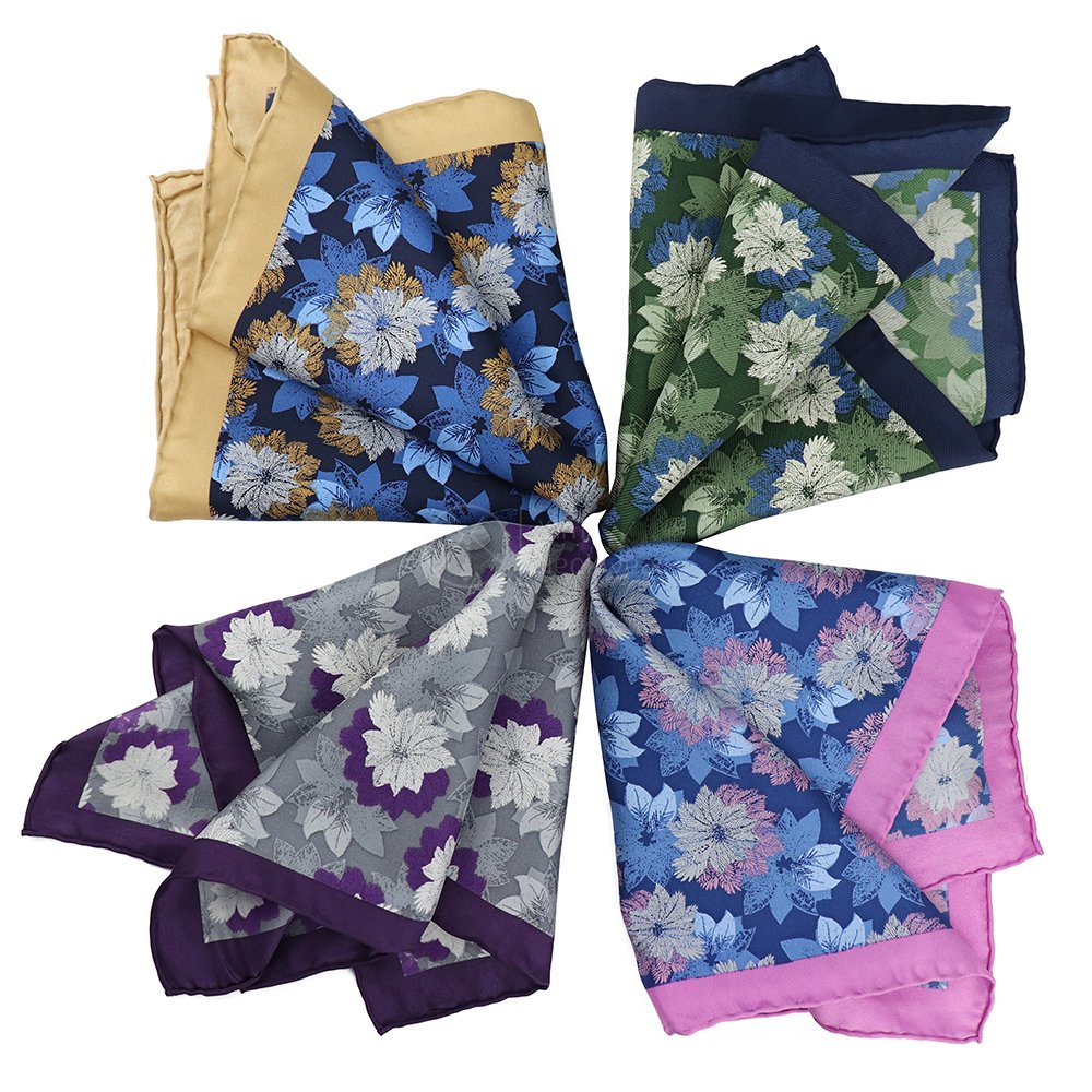 Wholesale Custom Made High Quality Pure Silk Mens Floral Pocket Squares Print Personalized Handkerchief