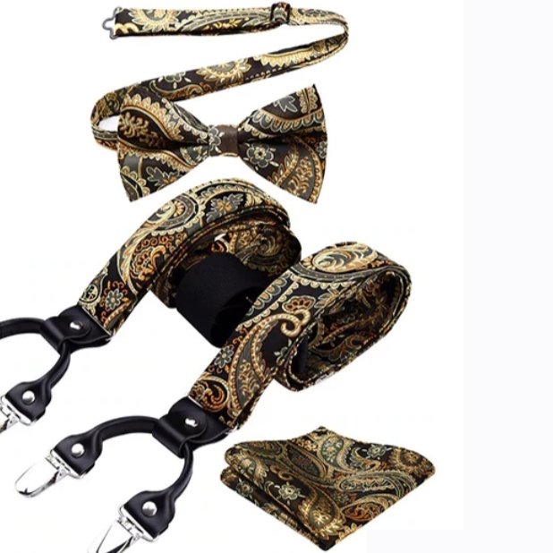 Custom Men's Novelty Paisley Bow Tie Suspenders Handkerchief Set-Fashionable Elastic Leather PU Polyester Fabric Materials-Gift