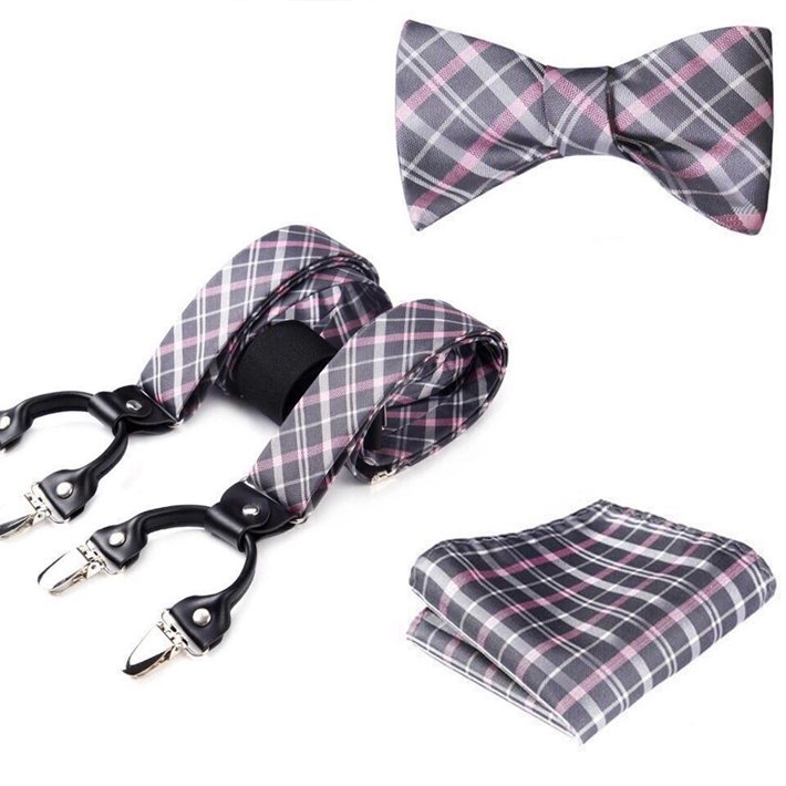 Custom Men's Novelty Paisley Bow Tie Suspenders Handkerchief Set-Fashionable Elastic Leather PU Polyester Fabric Materials-Gift