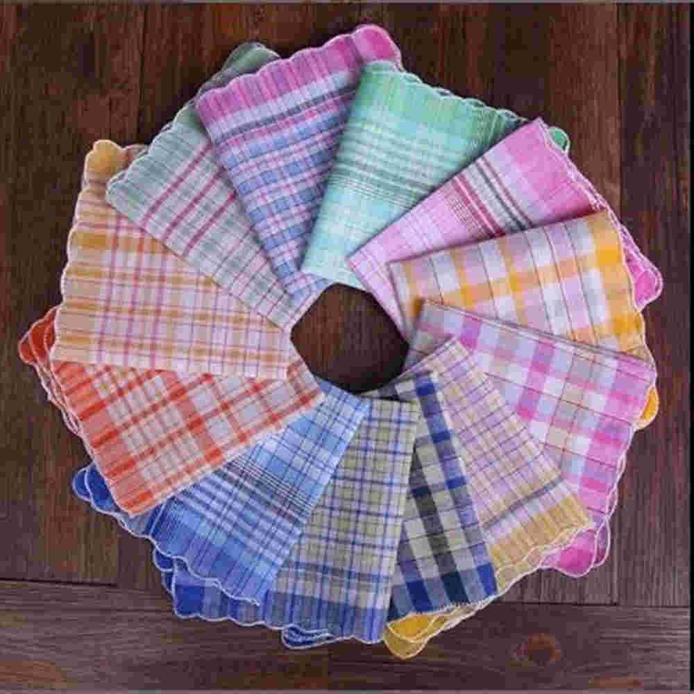 12Pcs Womens Ladies Handkerchiefs 100% Cotton Soft Plaid Handkerchiefs Mixed Color Pocket Hanky BBB1062