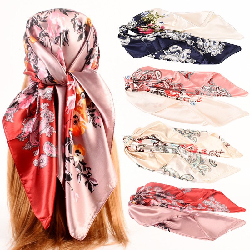 Boho Color Block 90*90cm Women Lady Silky Headwraps Silk Satin Head Hair Wrapping Scarf Paisley Bandanna