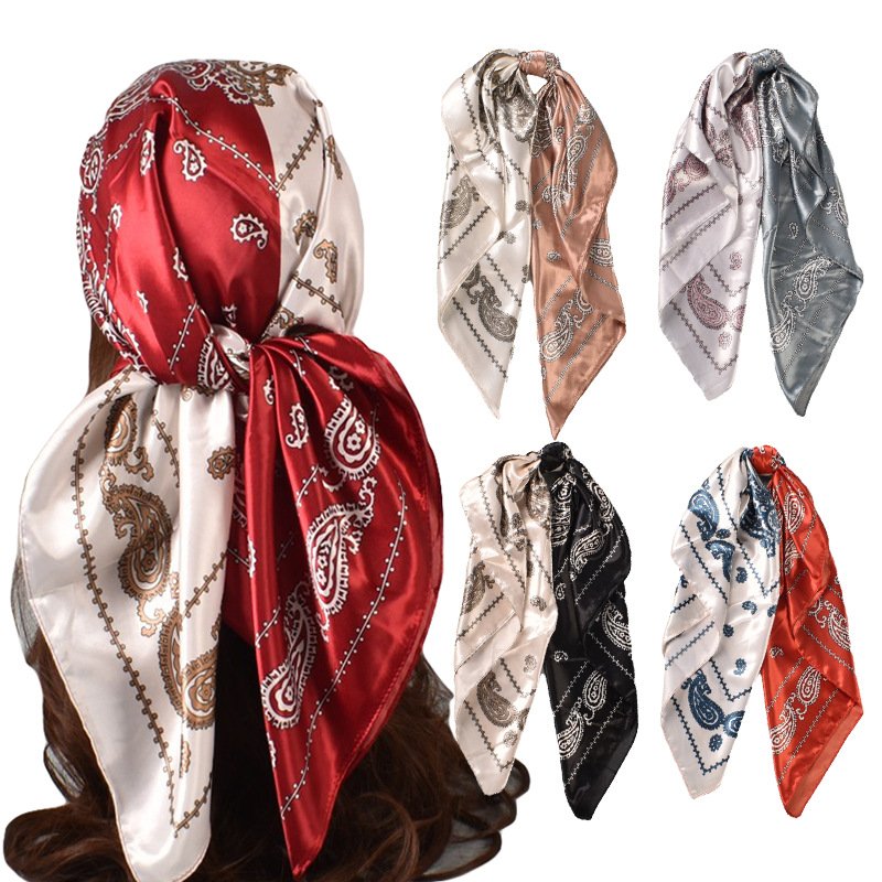 Boho Color Block 90*90cm Women Lady Silky Headwraps Silk Satin Head Hair Wrapping Scarf Paisley Bandanna
