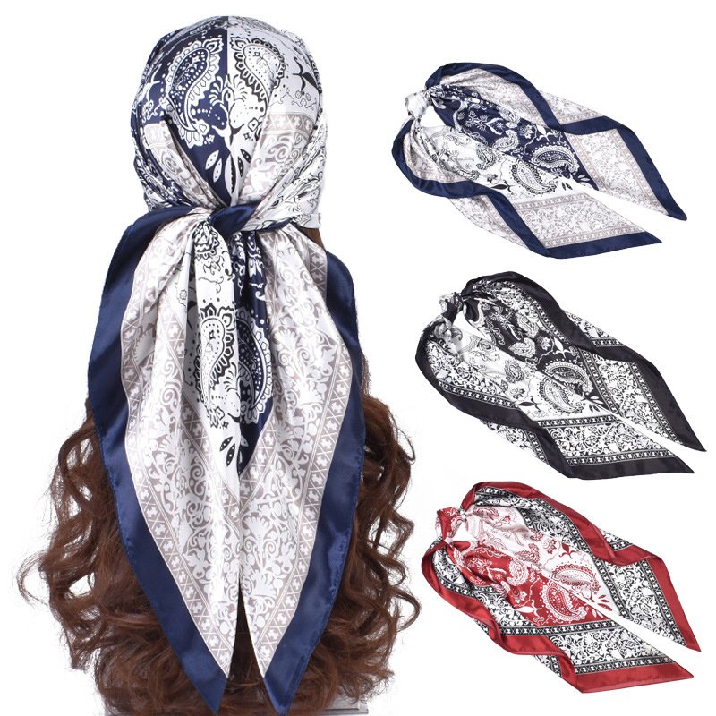 Boho Color Block 90*90cm Women Lady Silky Headwraps Silk Satin Head Hair Wrapping Scarf Paisley Bandanna