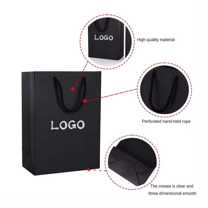 Hot sale de papel carrier paper shopping bag black custom paper bags with logo white printing for business