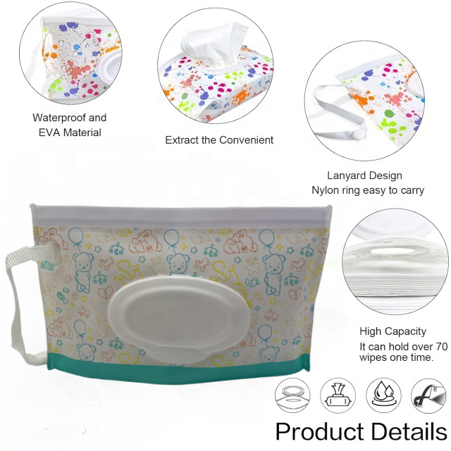 Cartoon Design reusable EVA plastic zipper baby wet wipes refillable package pouches for travel