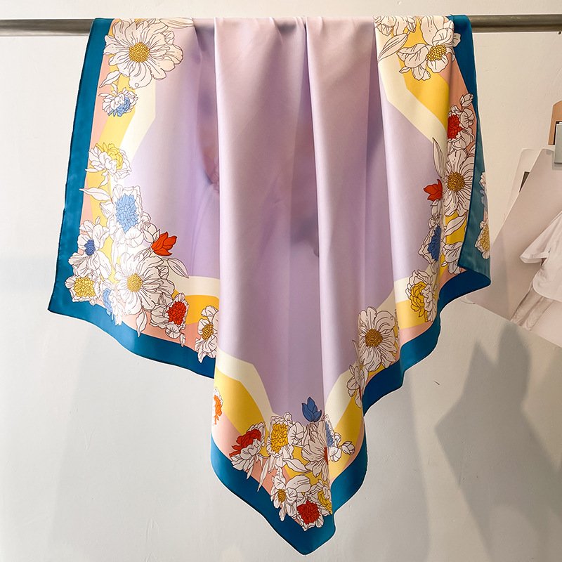 Luxury Brand Floral Printed Twill Silk Scarf Women Square Hijab Head Scarves 90*90cm Ladies Neck Hair Foulard Handkerchief