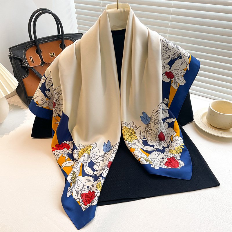 Luxury Brand Floral Printed Twill Silk Scarf Women Square Hijab Head Scarves 90*90cm Ladies Neck Hair Foulard Handkerchief
