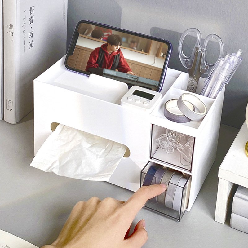 Desktop Tissue Box, Toilet Paper Holder Case, with Transparent Dust Compartment and cell phone holder