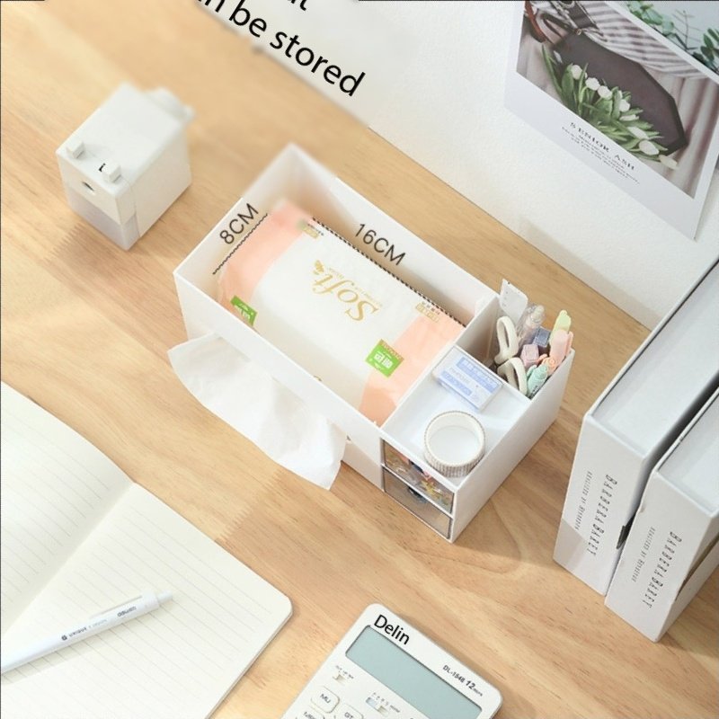 Desktop Tissue Box, Toilet Paper Holder Case, with Transparent Dust Compartment and cell phone holder