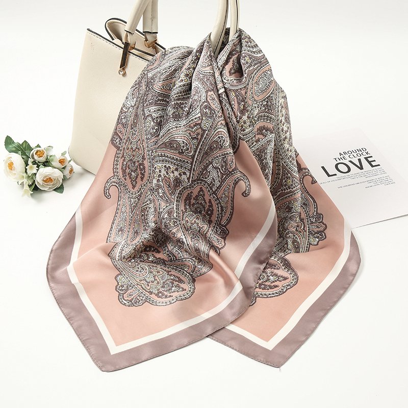 Fashion 70*70cm Muslim Hairband Handkerchief Square Printed Hijab Bandana Cashew Satin Silk Scarf For Woman