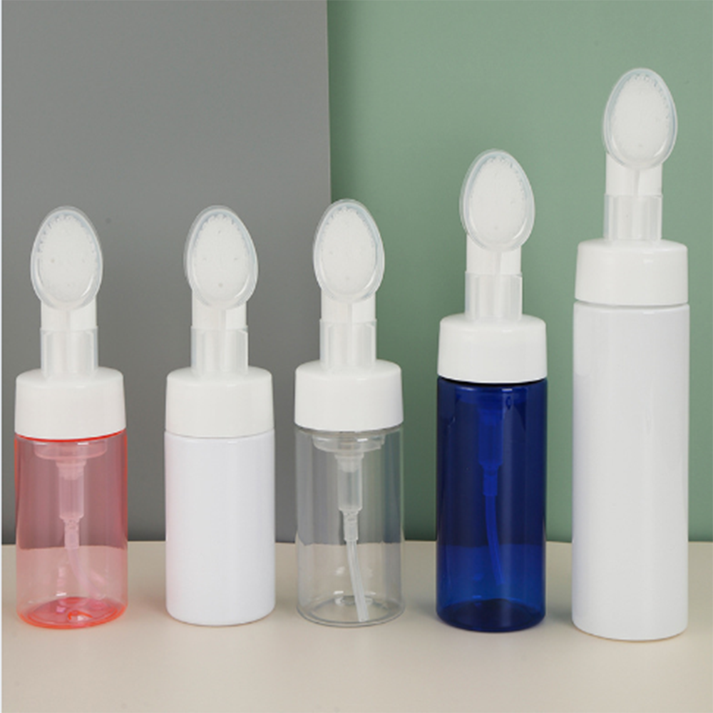 100ml 150ml PET face wash cleanser foam pump bottle with applicator silicone brush for cosmetic packaging