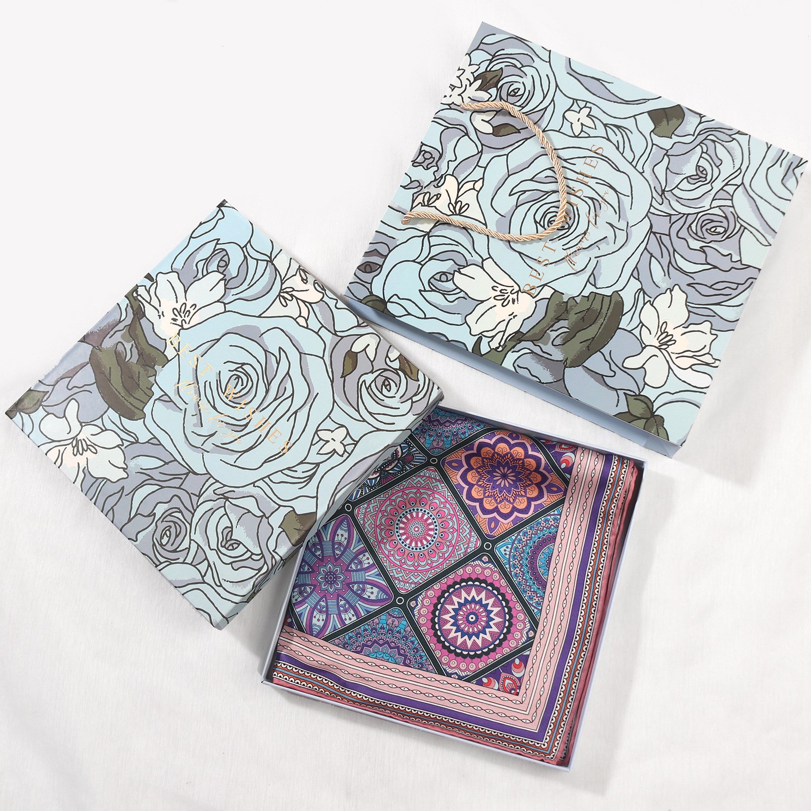 Fashion elegant high quality large size 53cm silk scarf hand-rolled silk handkerchief print square pocket shawl