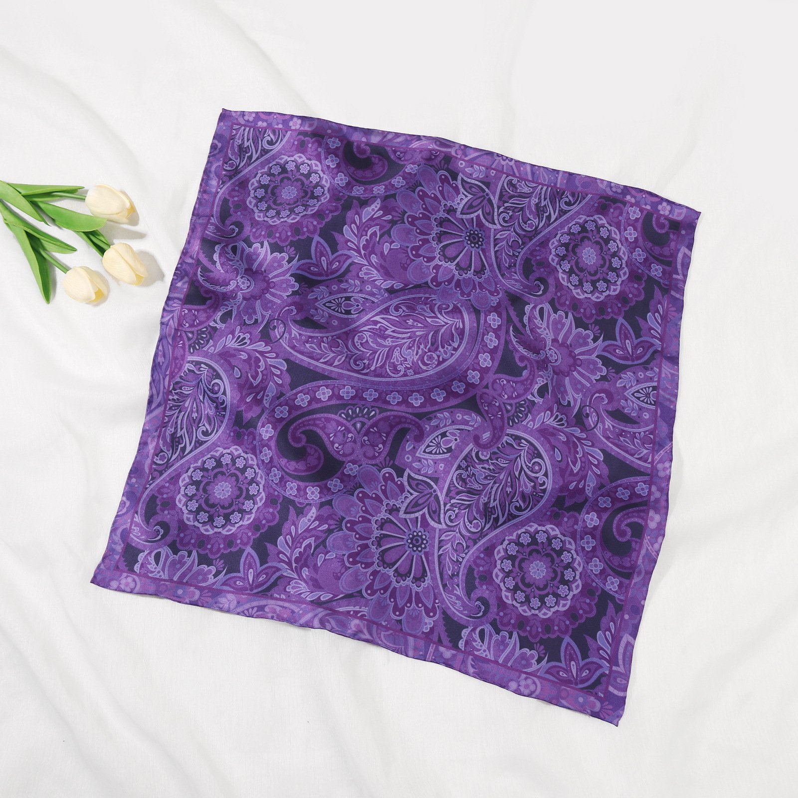 Fashion elegant high quality large size 53cm silk scarf hand-rolled silk handkerchief print square pocket shawl