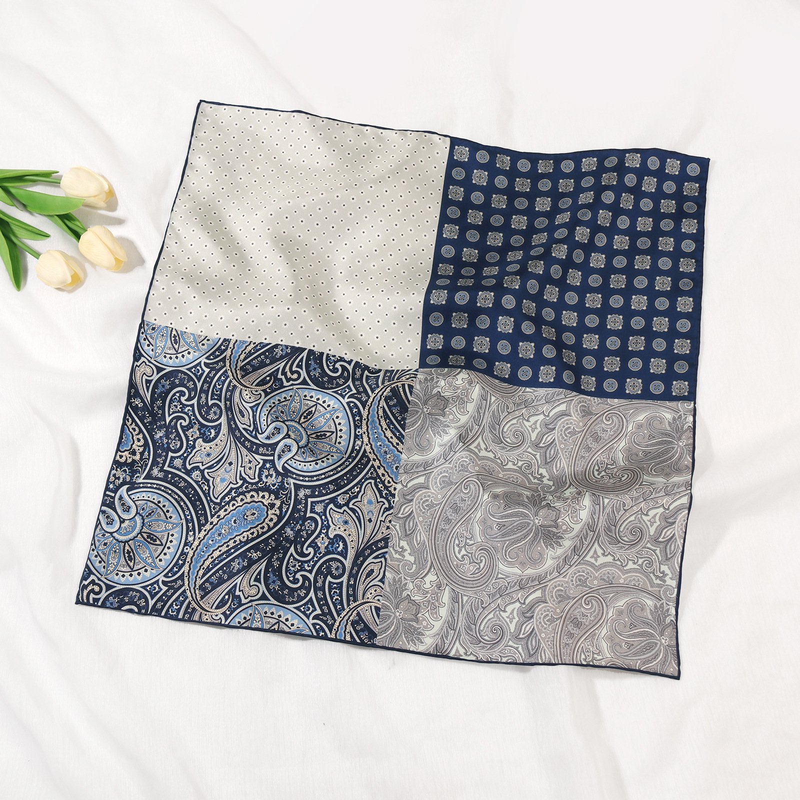 Fashion elegant high quality large size 53cm silk scarf hand-rolled silk handkerchief print square pocket shawl