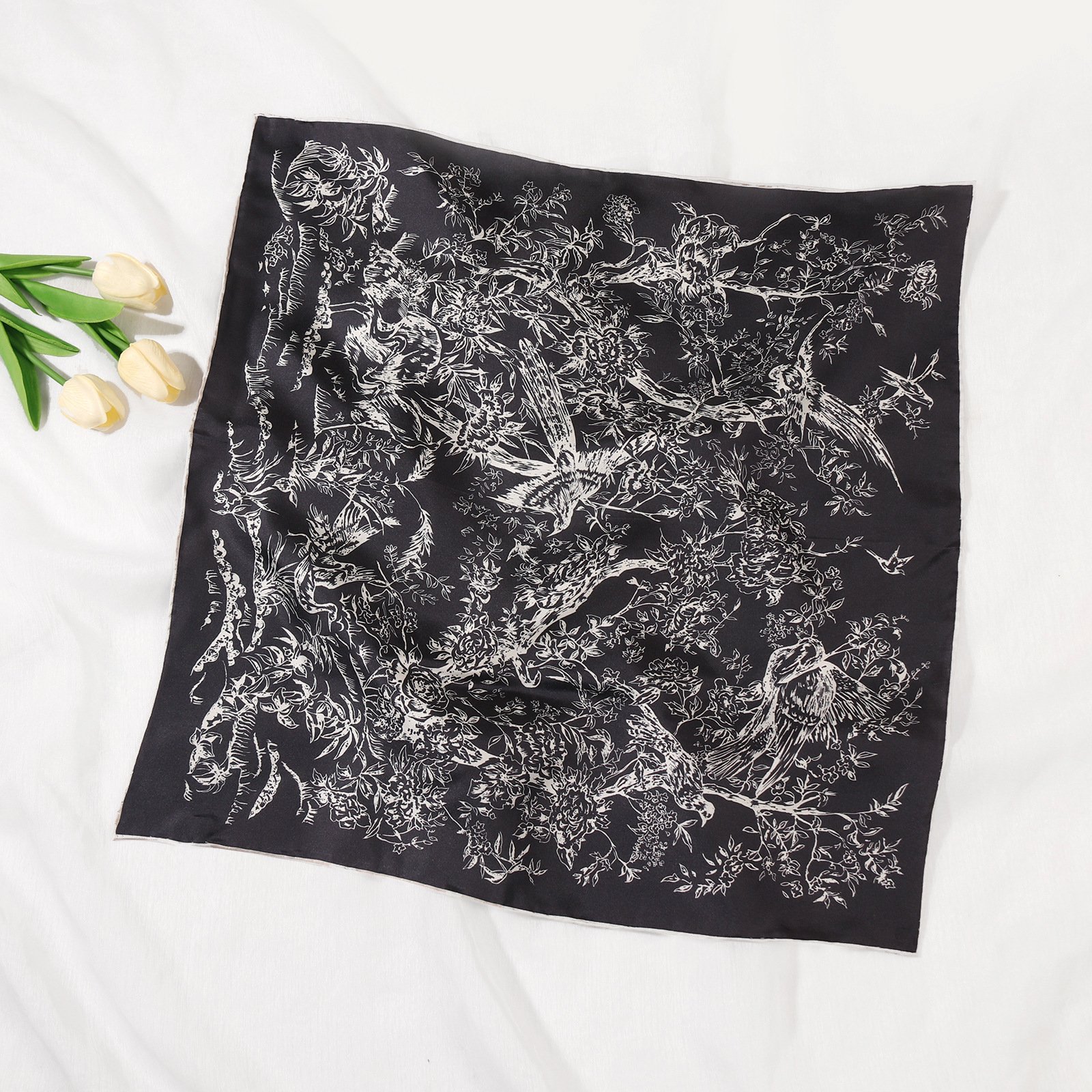 Fashion elegant high quality large size 53cm silk scarf hand-rolled silk handkerchief print square pocket shawl