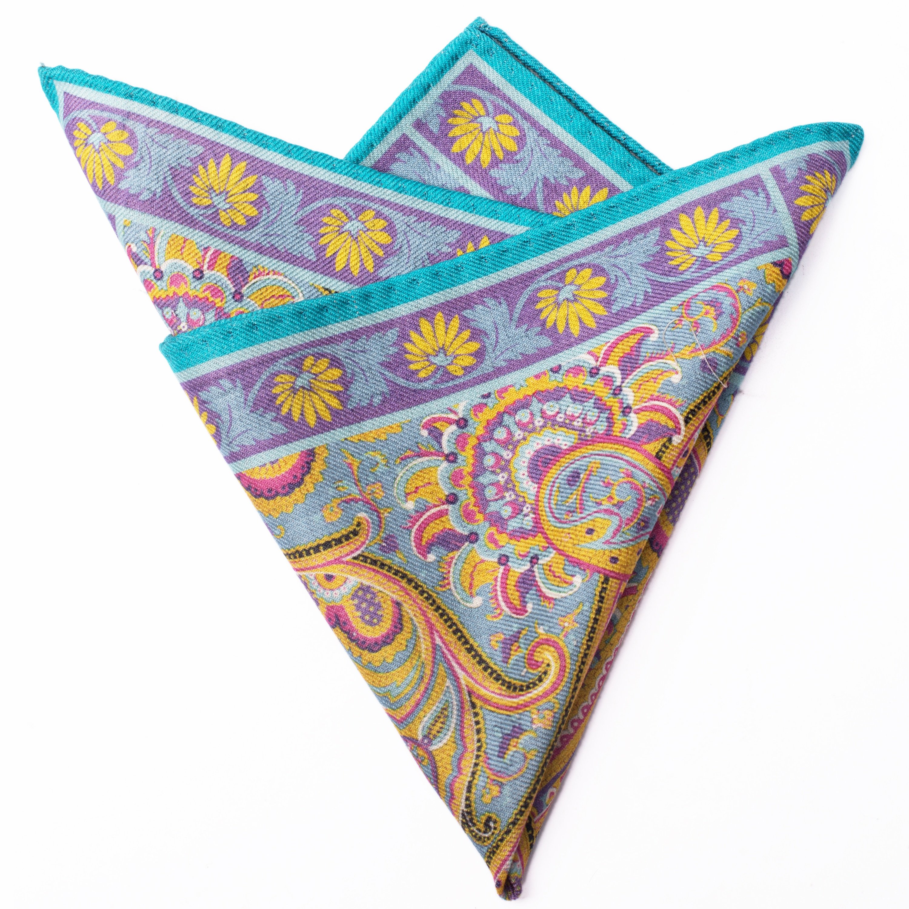 custom two sides flowers paisley printing hanky 100% wool pocket squares blue handkerchief for men
