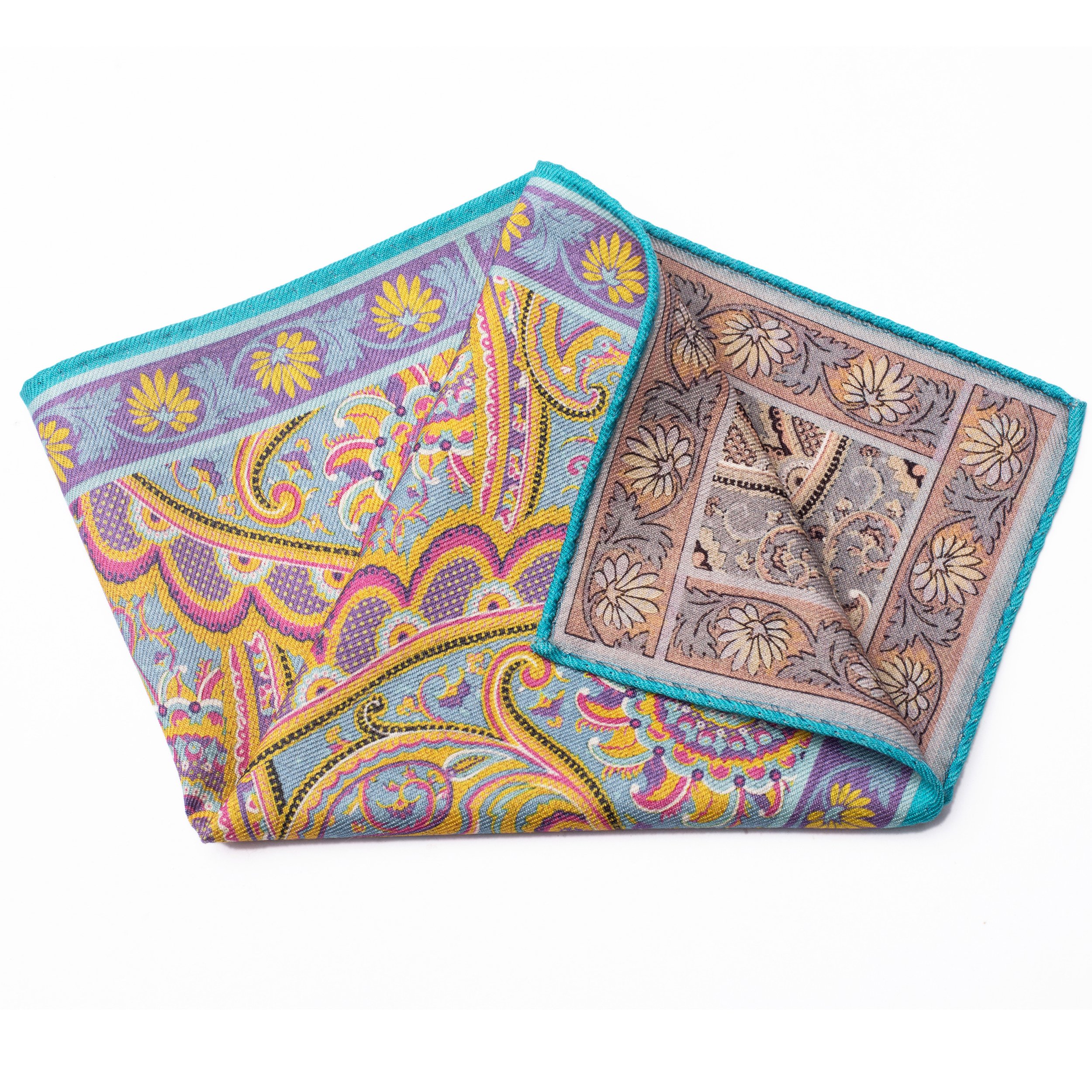 custom two sides flowers paisley printing hanky 100% wool pocket squares blue handkerchief for men