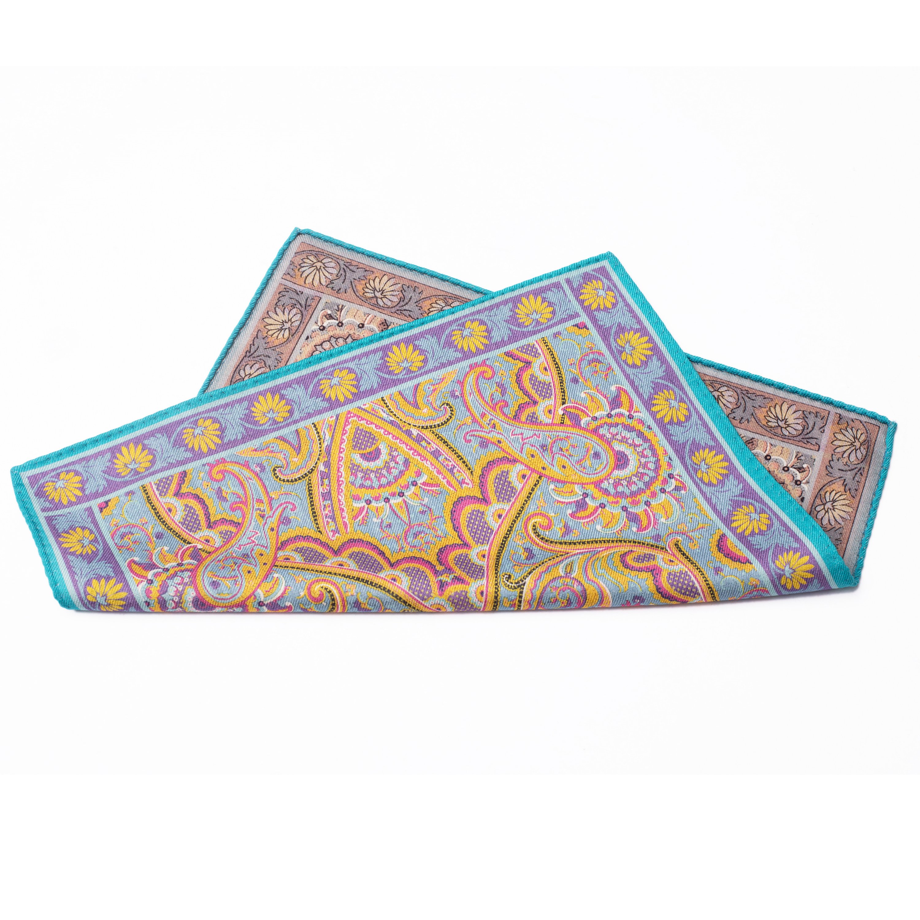 custom two sides flowers paisley printing hanky 100% wool pocket squares blue handkerchief for men