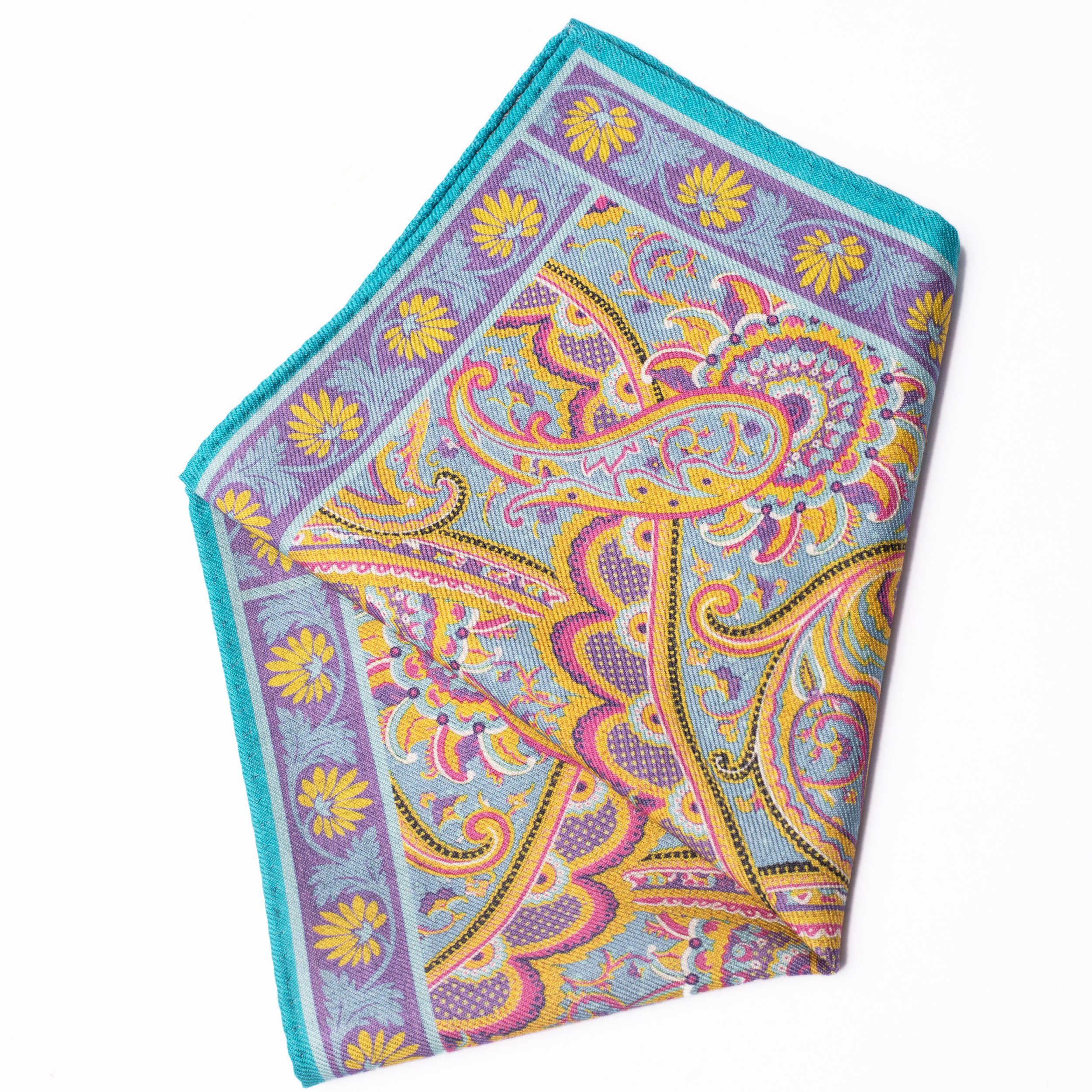 custom two sides flowers paisley printing hanky 100% wool pocket squares blue handkerchief for men