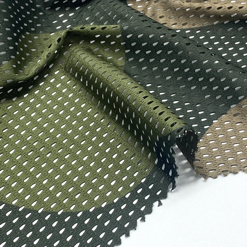 Quick-dry polyester printed green camouflage mesh fabric for outdoor uniform pants jacket tube scarf