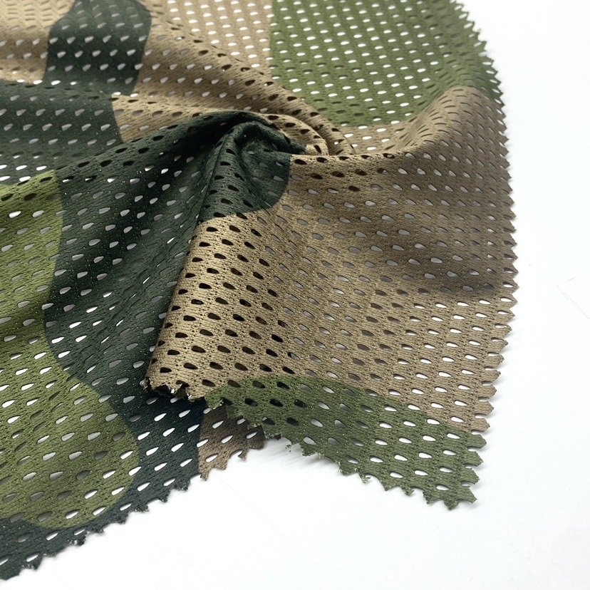 Quick-dry polyester printed green camouflage mesh fabric for outdoor uniform pants jacket tube scarf