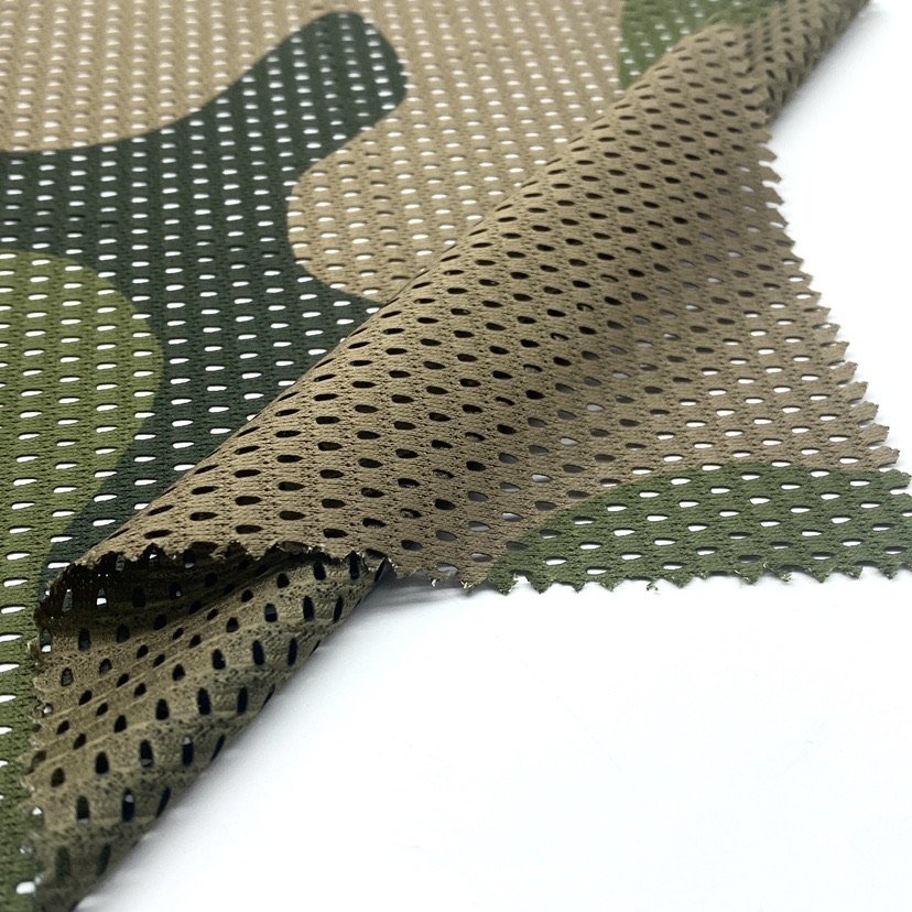 Quick-dry polyester printed green camouflage mesh fabric for outdoor uniform pants jacket tube scarf