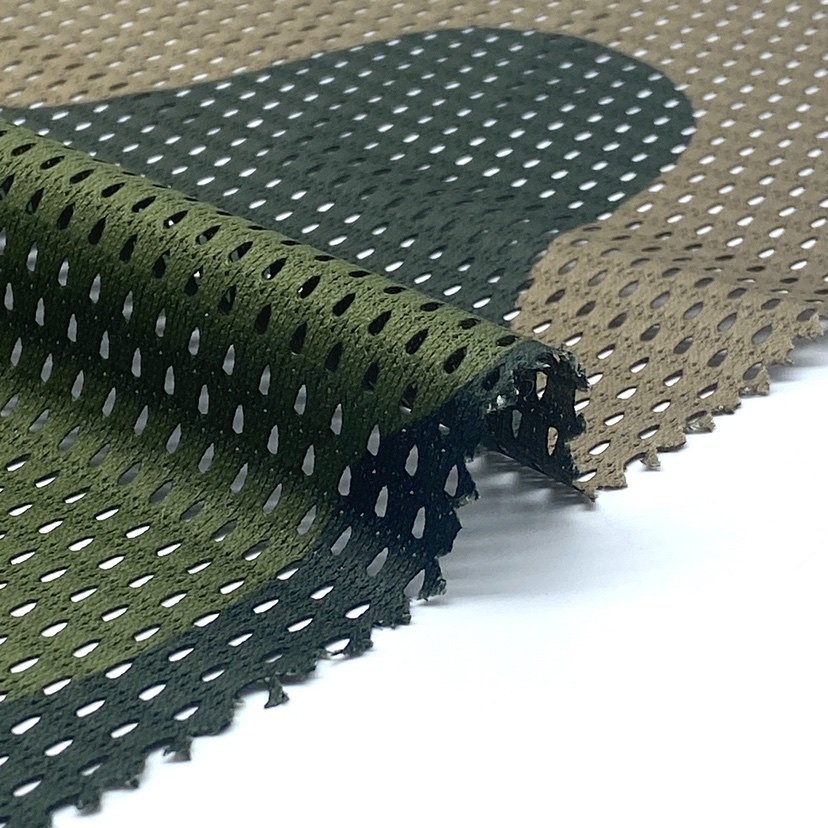 Quick-dry polyester printed green camouflage mesh fabric for outdoor uniform pants jacket tube scarf