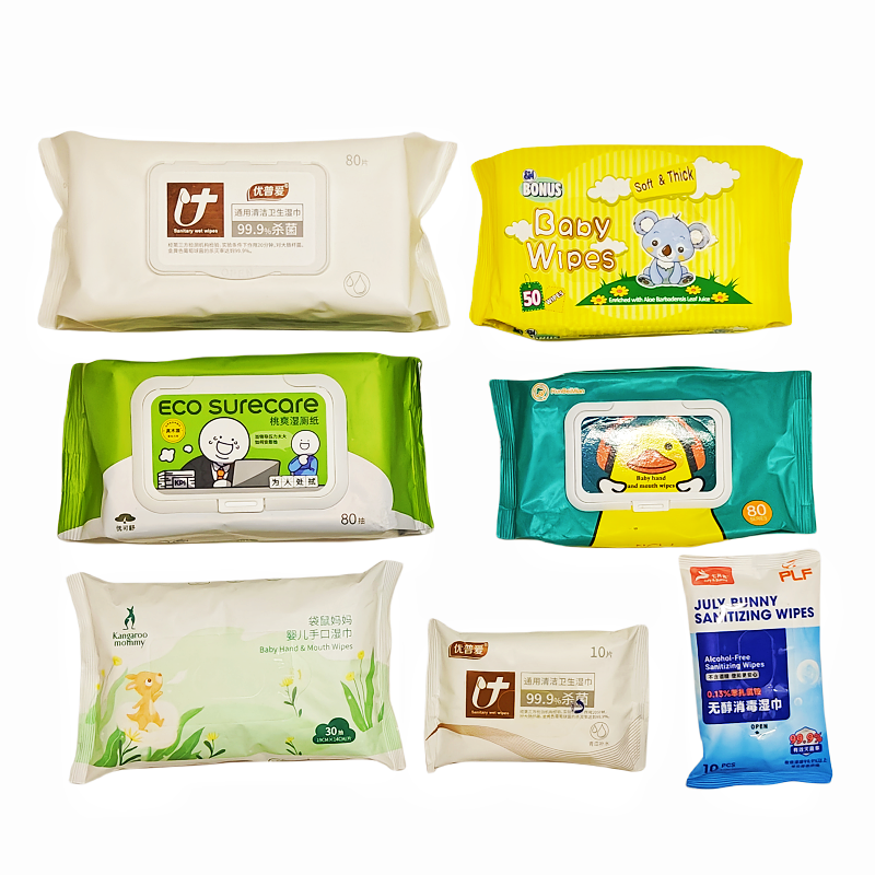 Custom Resealable Self-adhesive Empty Baby Skin Care Wet Tissue Paper Pouch Plastic Clamshell Wet Wipe Packaging Bag With Lid
