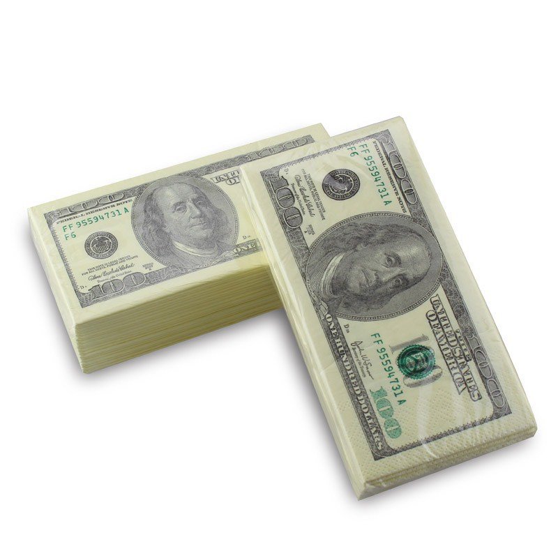 10 Sheets Pack Dollar Pattern Tissue Paper Disposable Towel Pure Wood Money Napkin Handkerchief Tableware