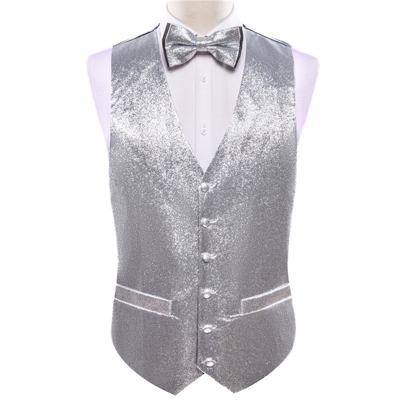Sequin Patterned Shining Light Grey Glitter Solid Jacquard Silk Men's Vest Bow Tie Handkerchief Cufflinks Set Waistcoat Suit Set