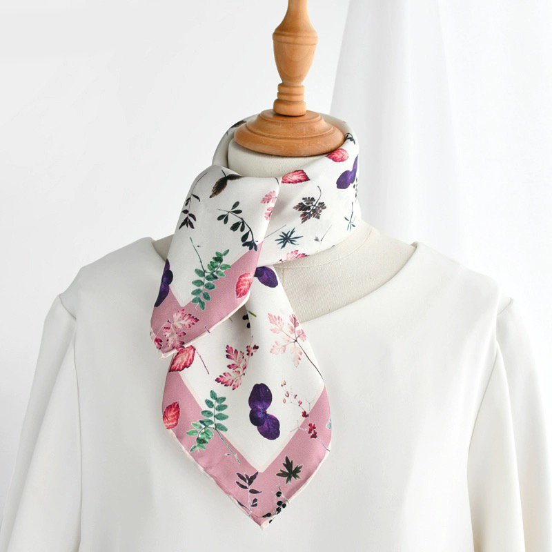 OEM manufacture soft square 65*65cm silk twill scarves floral polyester bandanas silk satin handkerchief for women