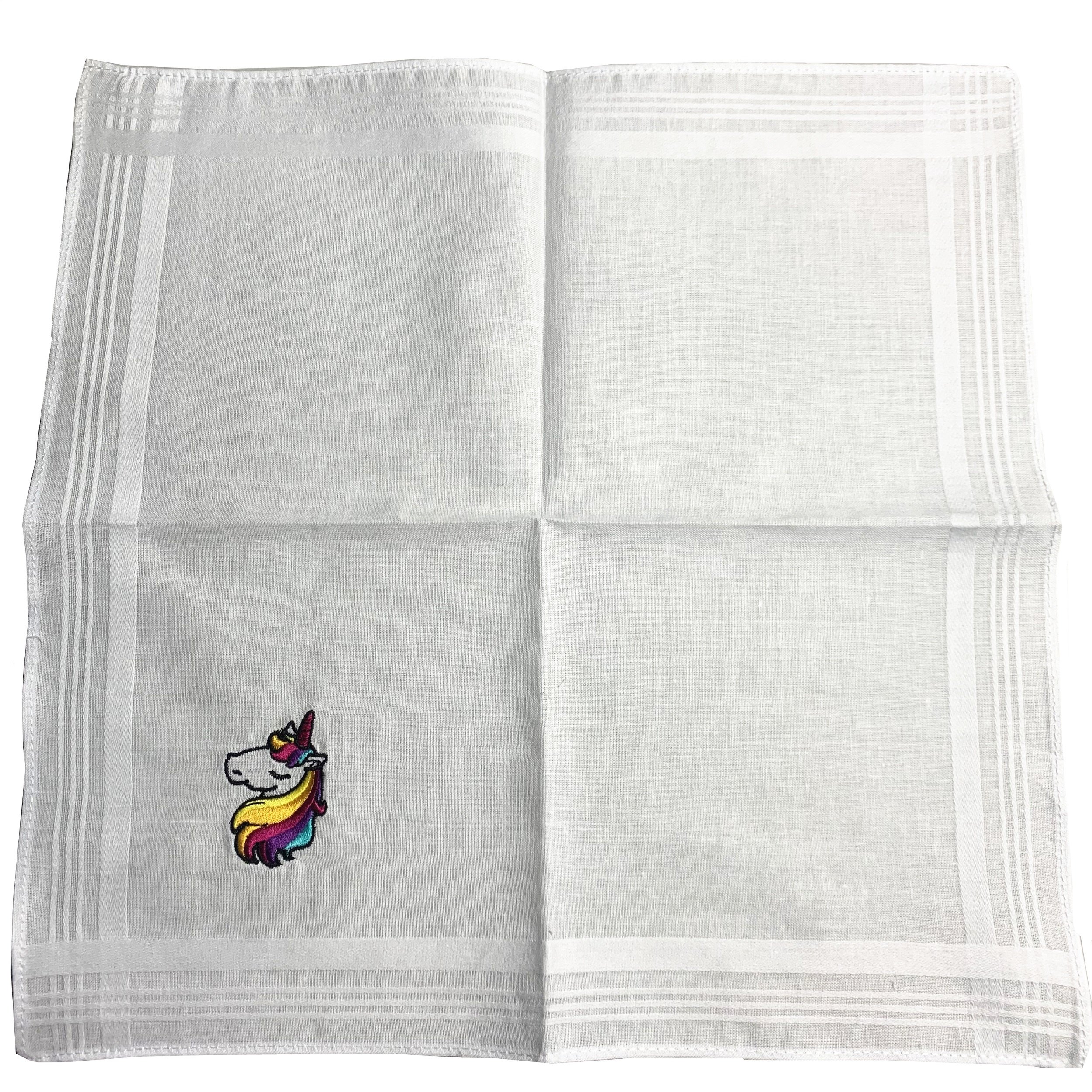 Unicorn embroidery white small children and ladies plain white cotton handkerchiefs