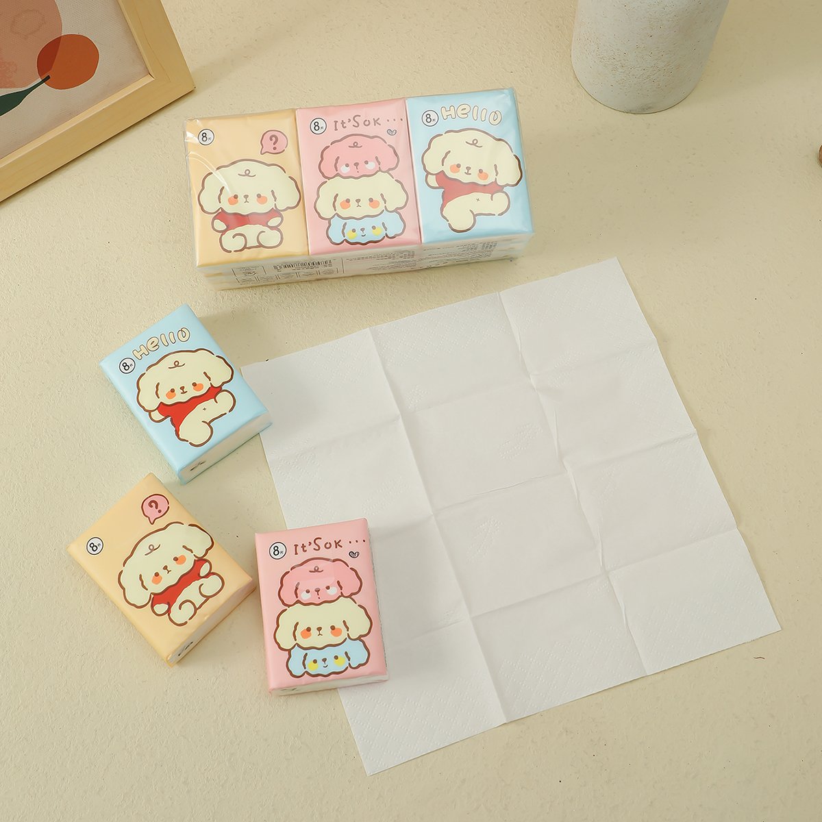 FSC Mini Facial Tissues Cartoon Dog Pocket Tissues 9 Pcs Pack Cute Paper Handkerchief Cleansing Tissue