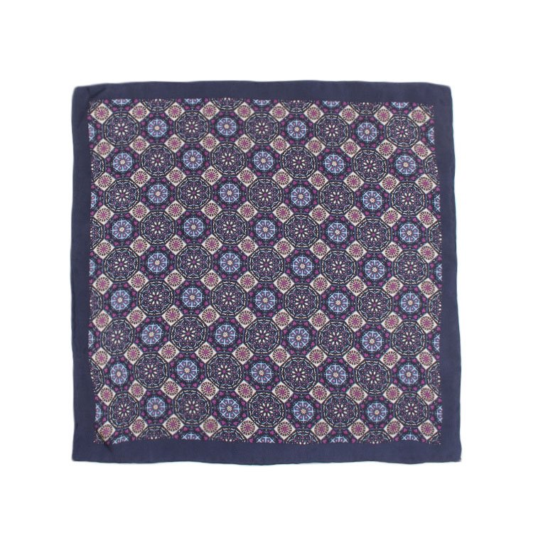 100% Silk Hand Rolled Blue Square Pattern Printed Mens Pocket Squares Handkerchief for Suits