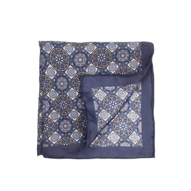 100% Silk Hand Rolled Blue Square Pattern Printed Mens Pocket Squares Handkerchief for Suits