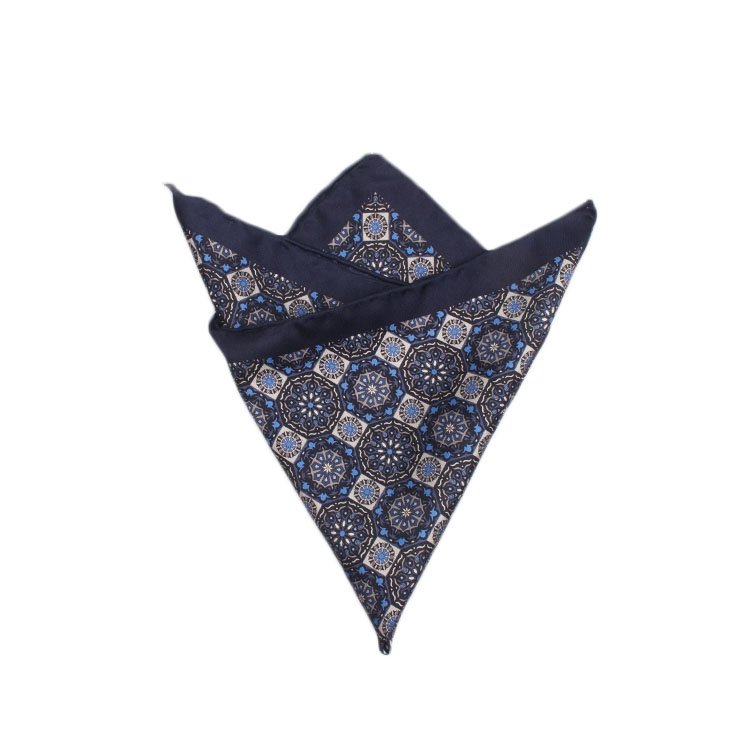 100% Silk Hand Rolled Blue Square Pattern Printed Mens Pocket Squares Handkerchief for Suits