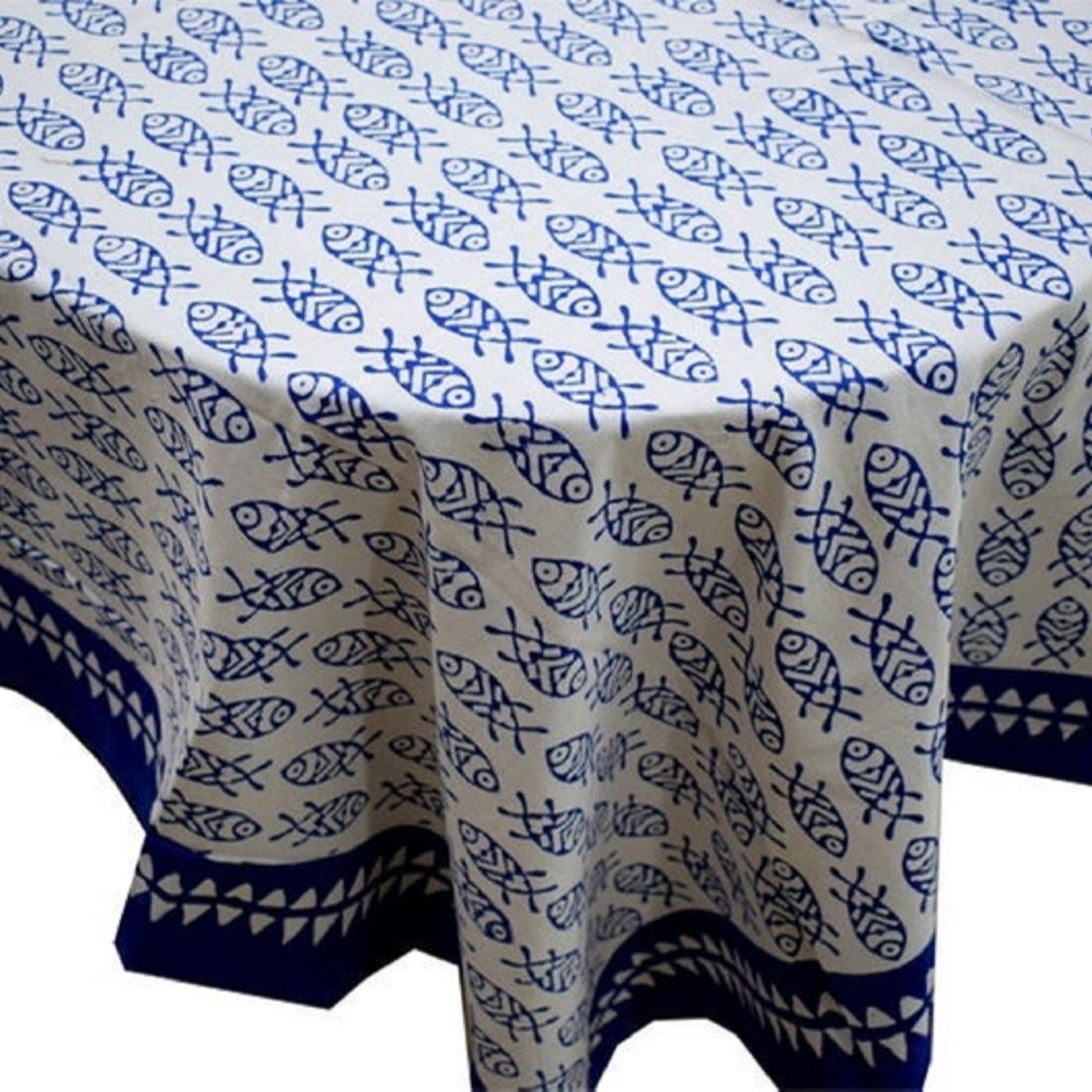 Wholesale And Manufacturing Blue Color Print Fish Design Handmade Block Printed Table Cloths cotton custom tablecloth royal blue