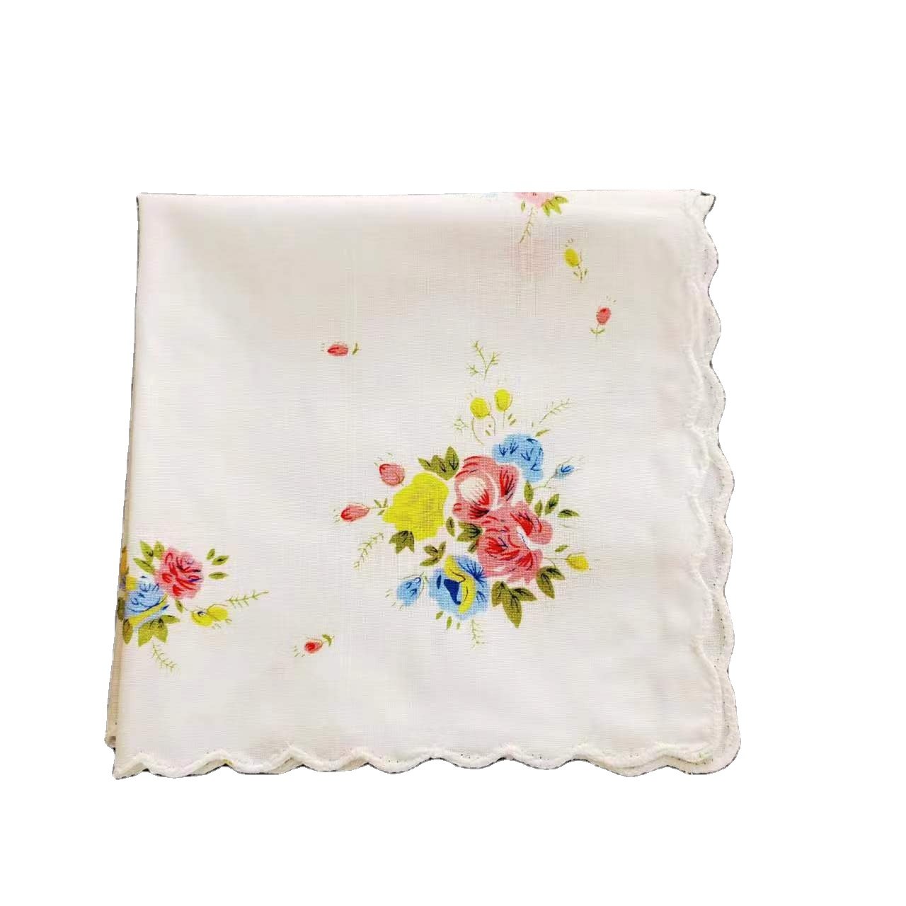 Wholesale 11" White Small Cotton Napkin Ladies Vintage Scallop Edged Floral Handkerchiefs