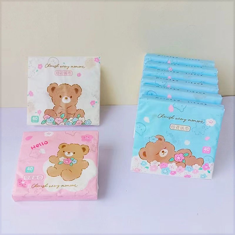 FSC SENWEN Portable Facial Tissues Wood Pulp Little Bear Printed Soft 40 Pull Cute Cartoon Handkerchief Pocket Tissue