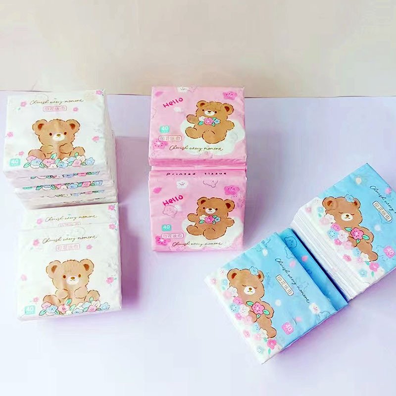 FSC SENWEN Portable Facial Tissues Wood Pulp Little Bear Printed Soft 40 Pull Cute Cartoon Handkerchief Pocket Tissue
