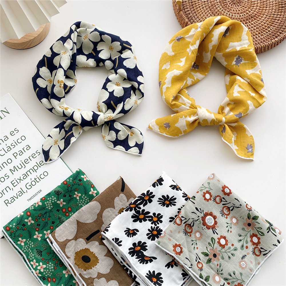 55cm Floral Print Neckerchief Women Hair Scarf Square Handkerchief Cotton Neck Scarves Small Wraps Cute Bandana Head Scarfs