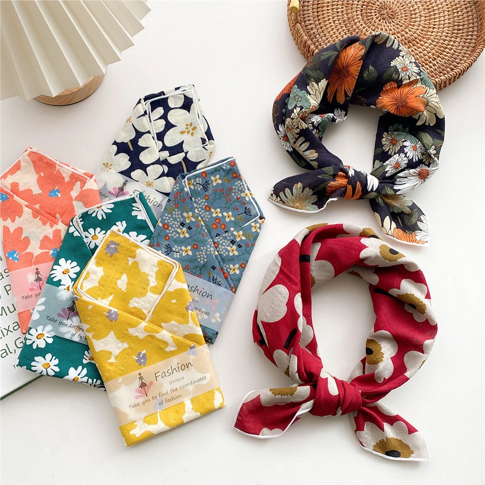 55cm Floral Print Neckerchief Women Hair Scarf Square Handkerchief Cotton Neck Scarves Small Wraps Cute Bandana Head Scarfs
